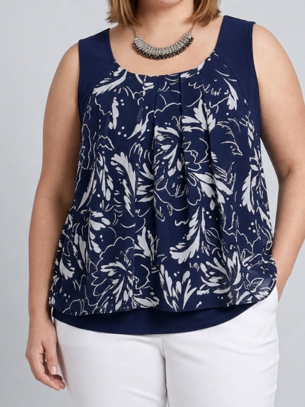 ALFANI Blue and White Navy Blue Tank Attached Floral Overlayer 1X